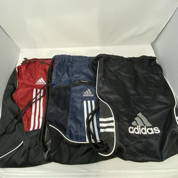 Adidas Drawstring Backpack Red Blue Black String Gym Bag Zip Pocket Pack Of 3 - Picture 1 of 8